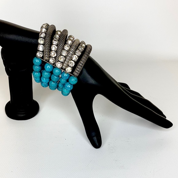 Turquoise Color Bead Rhinestone S.T. Mesh Bracelet - Picture 4 of 10